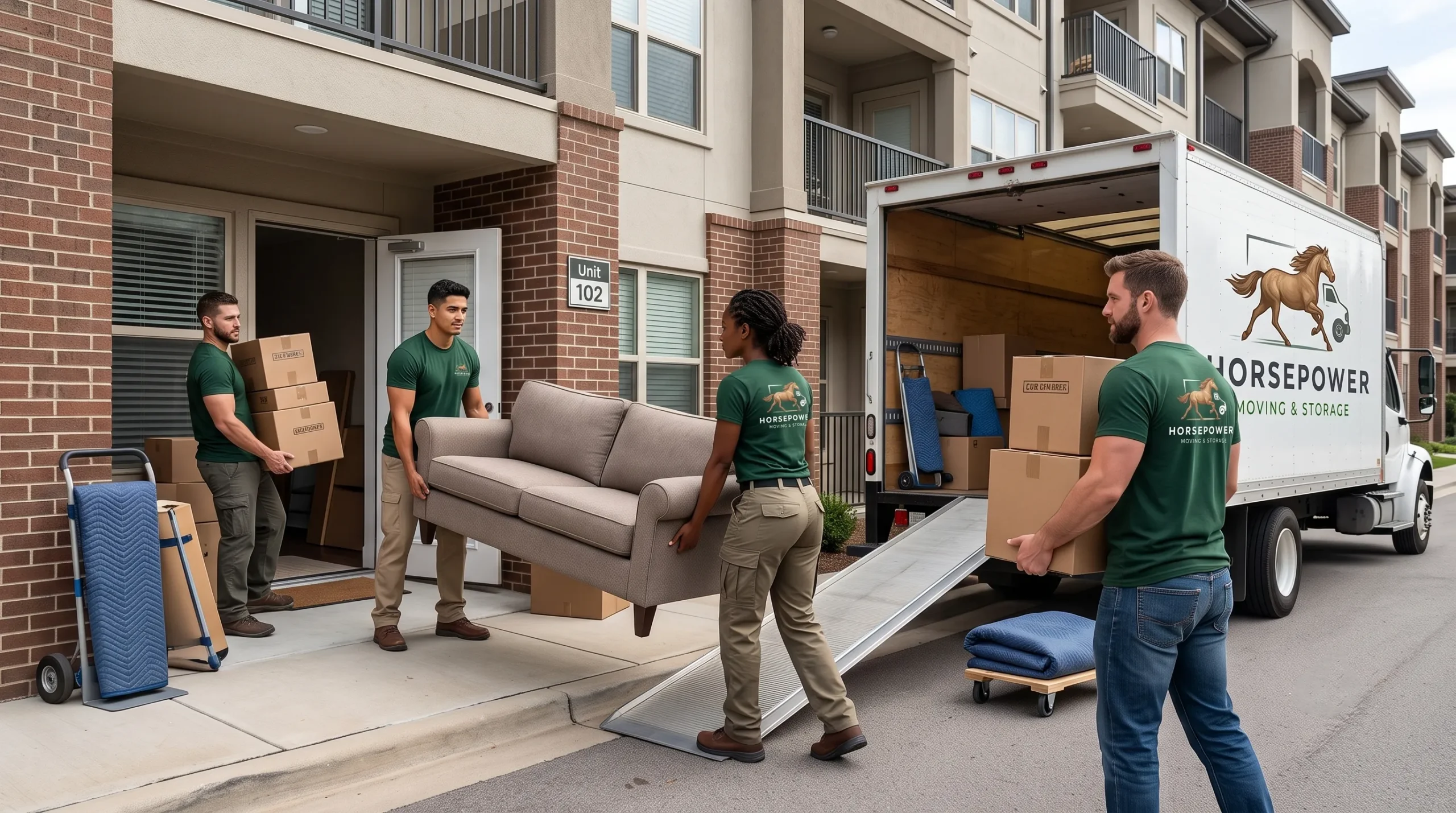 Horsepower Moving crew carrying boxes and a sofa from an apartment to a moving truck in Louisville, KY.
