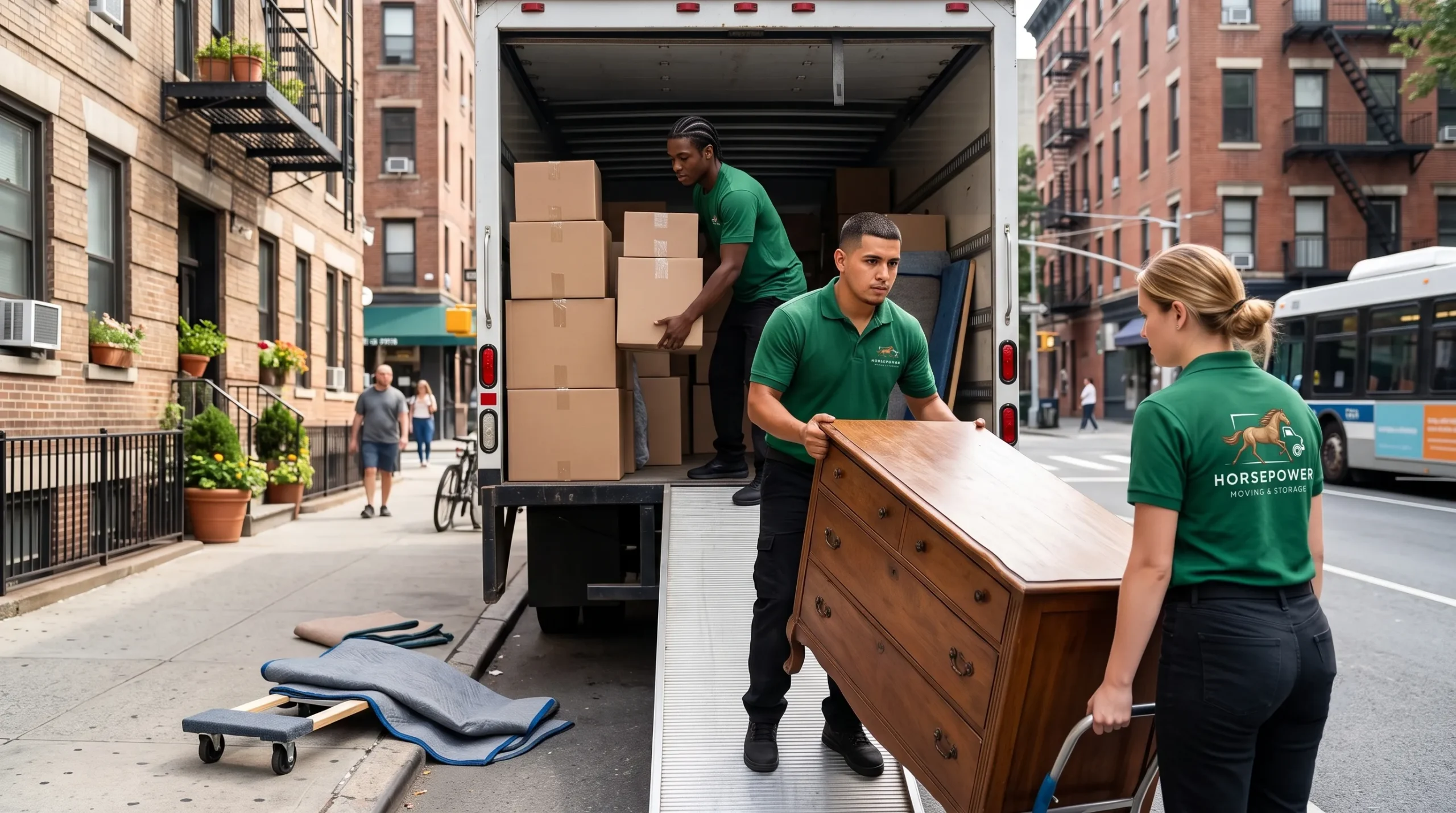 Horsepower Moving crew handling a dresser and boxes beside a moving truck during an apartment move in Louisville, KY.