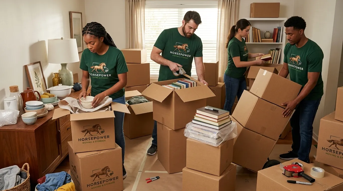 Horsepower Moving crew packing dishes, books and household belongings for an apartment move in Louisville, KY.