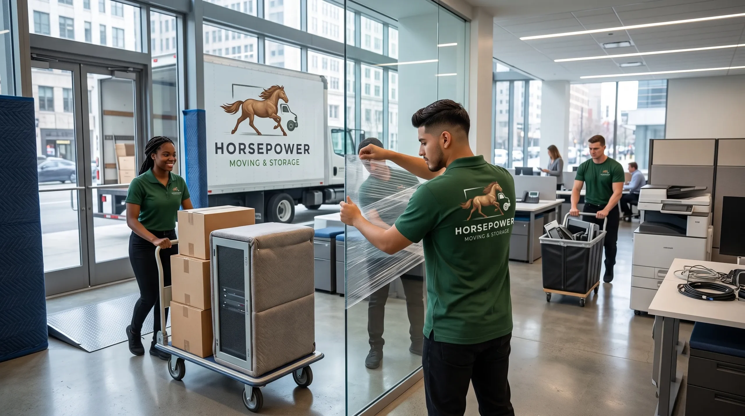 Horsepower Moving crew relocating office furniture and boxes for a Louisville business.