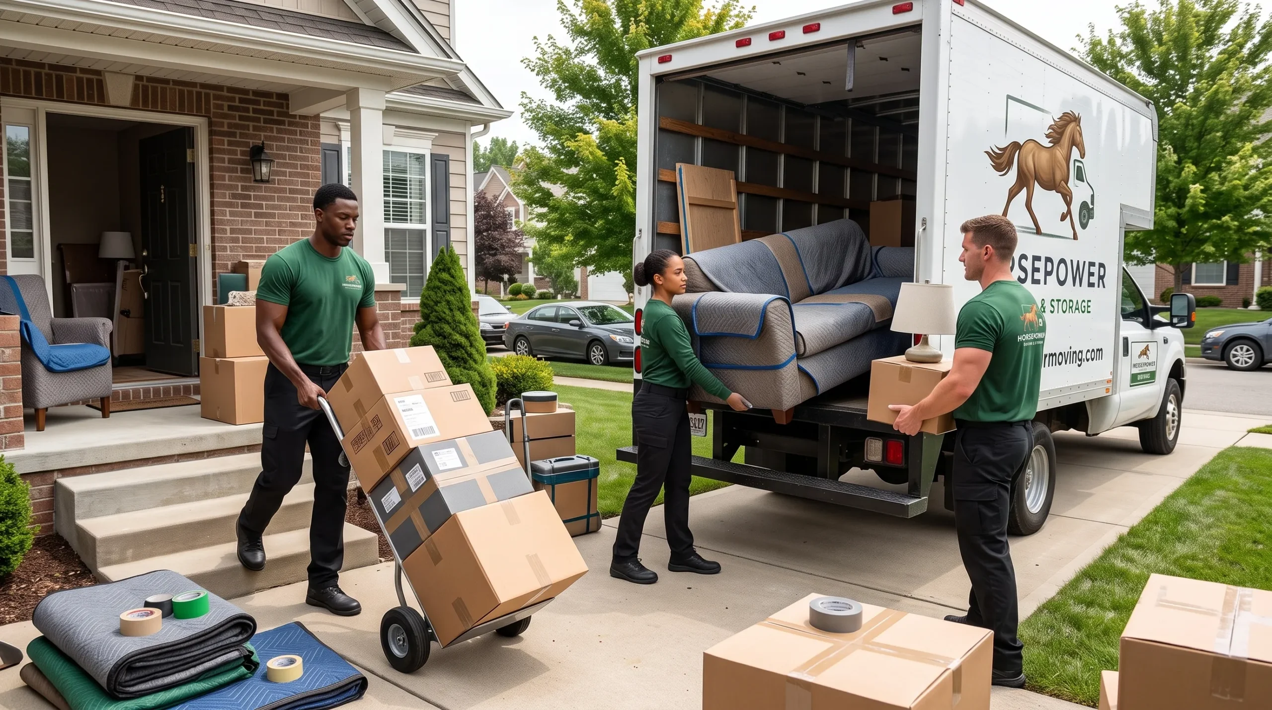 Horsepower Moving crew carrying a sofa during a residential move in Louisville, KY.