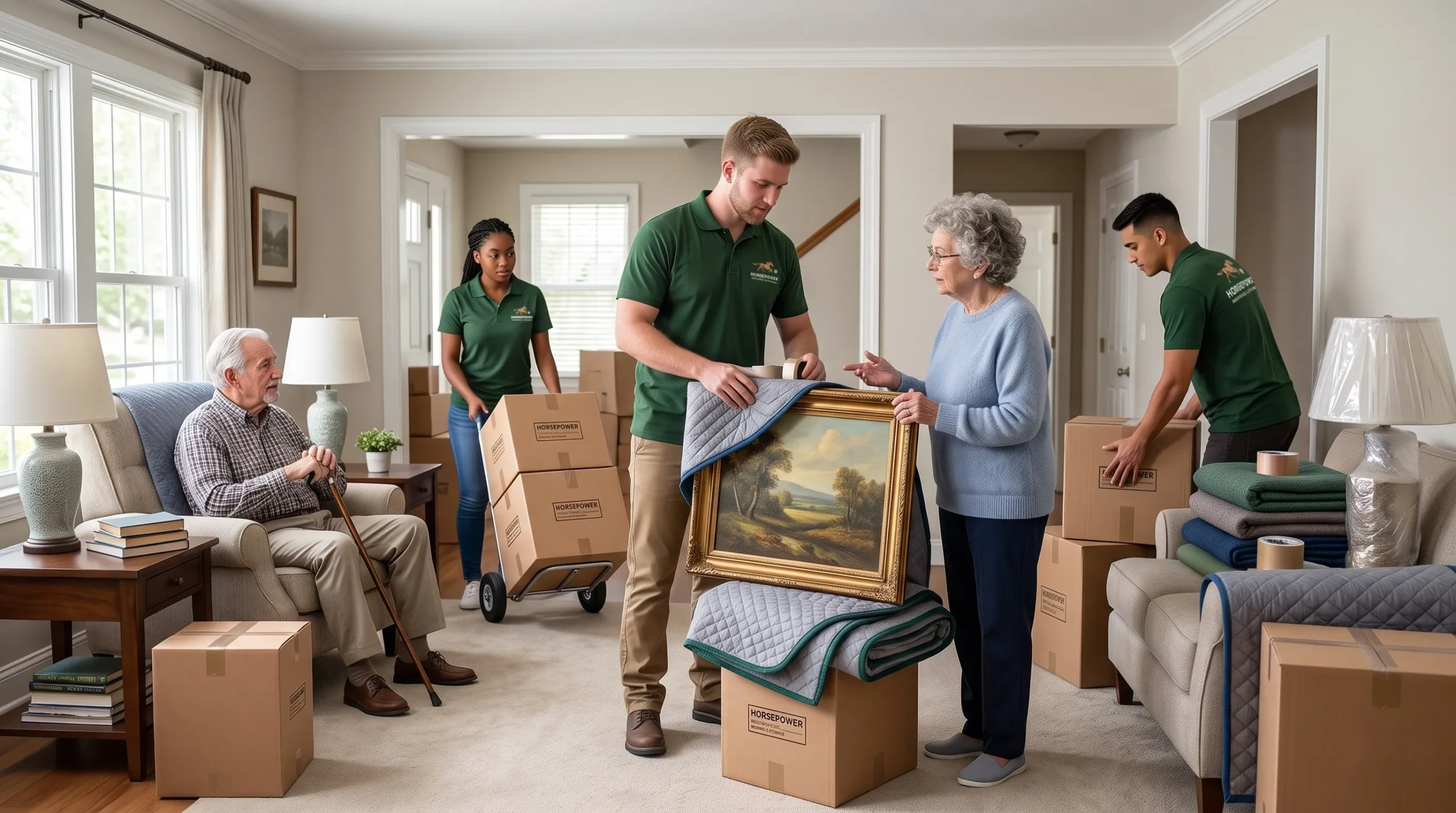 Professional movers carefully packing furniture and belongings for a senior relocation in Louisville, KY.