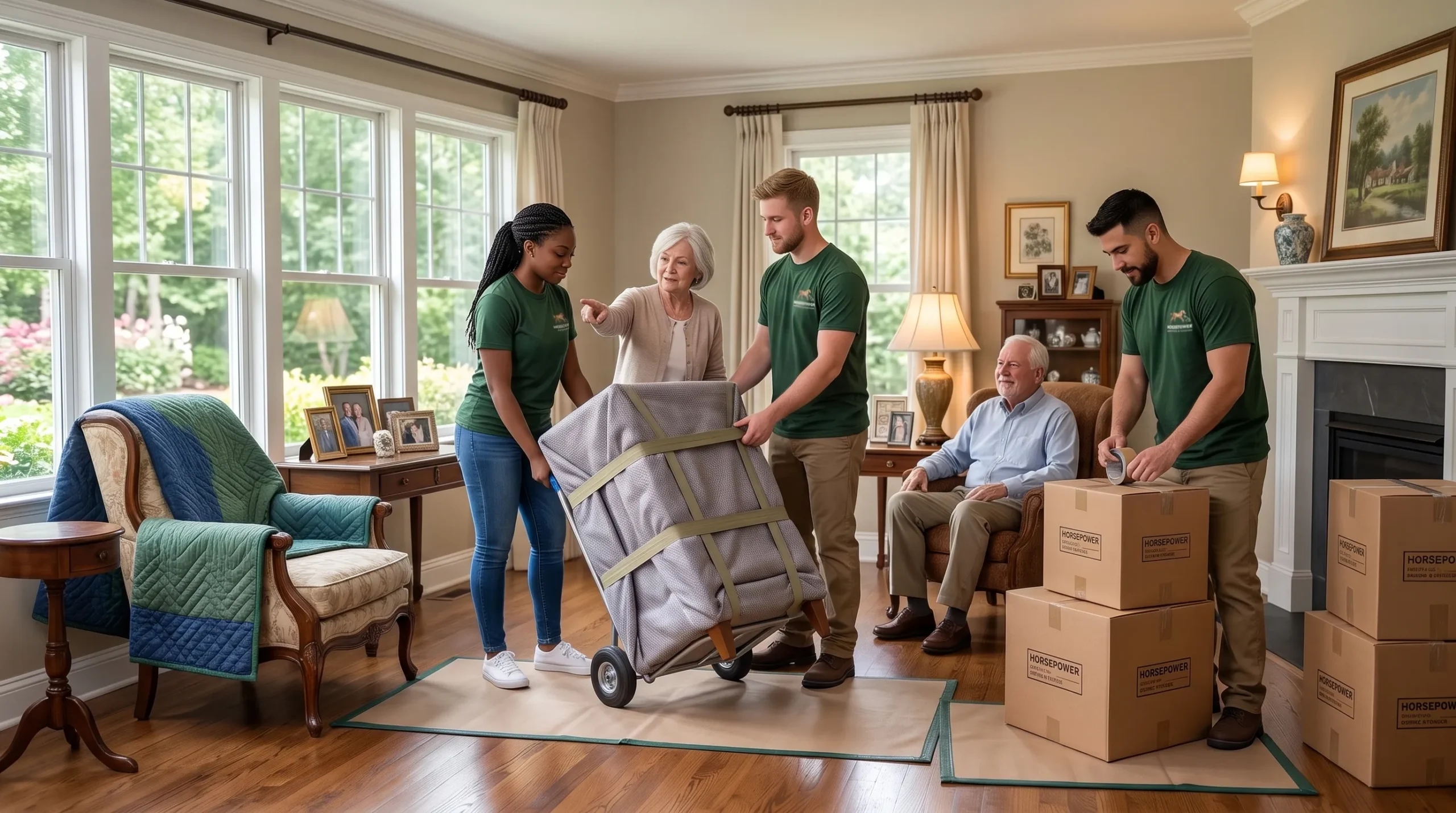 Horsepower Moving crew carrying boxes while assisting an older adult with a home move in Louisville, KY.