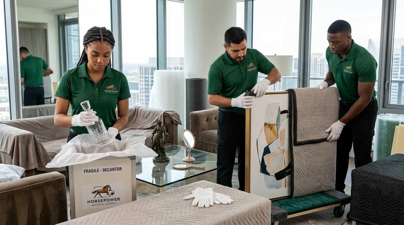Horsepower Moving crew carefully handling framed artwork during a white-glove move in Louisville, KY.