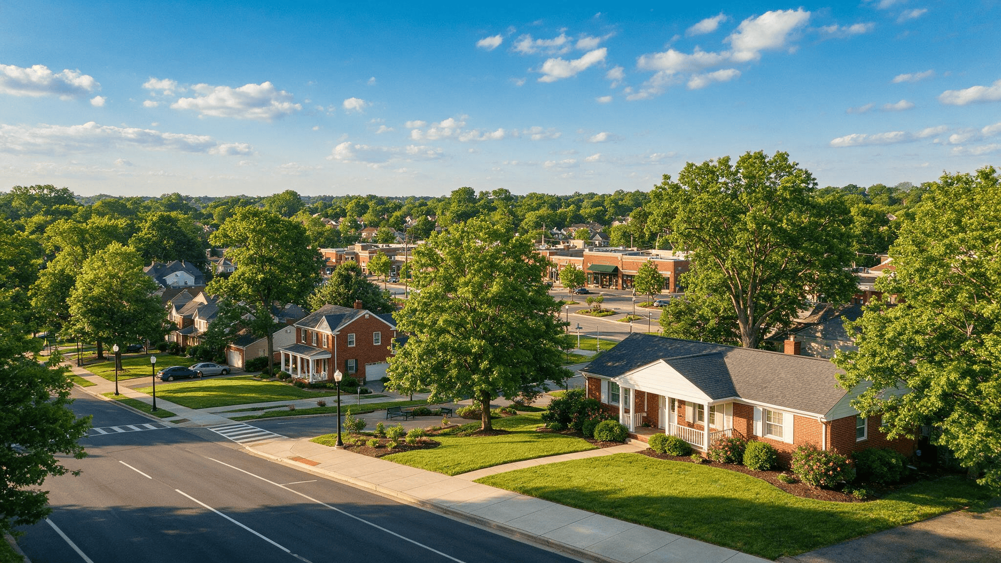 Aerial view of residential homes and tree-lined streets in St. Matthews, Kentucky