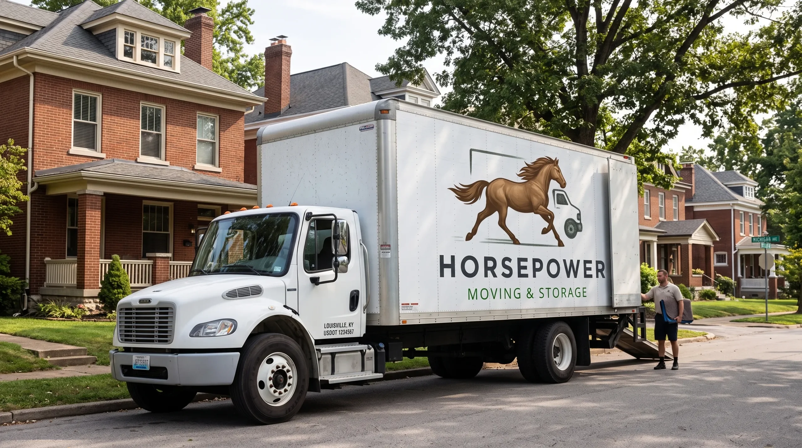 Horsepower Moving and Storage truck parked outside a residential property in Louisville, KY.