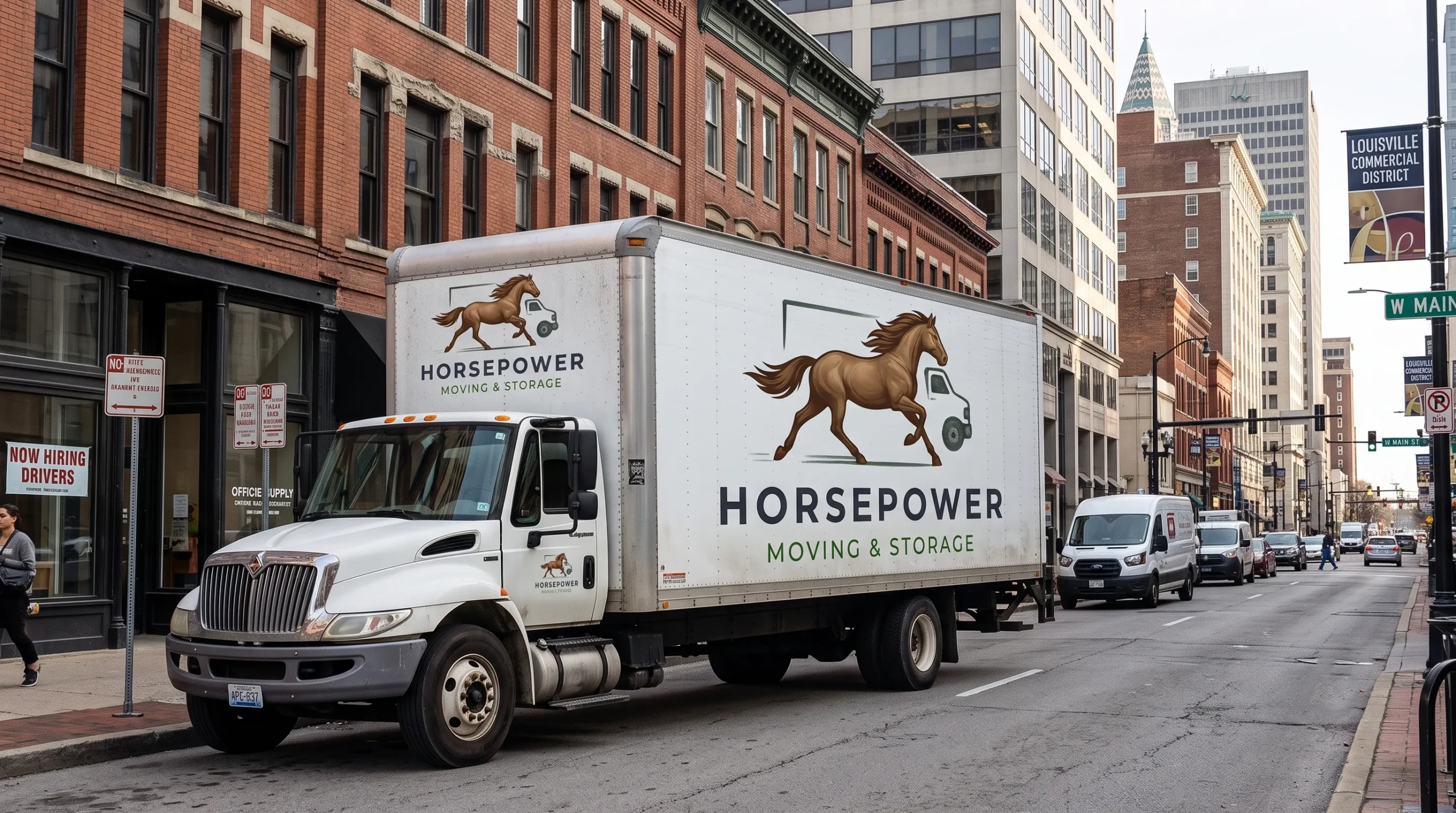 Horsepower Moving and Storage truck parked beside a brick building in Louisville, KY.
