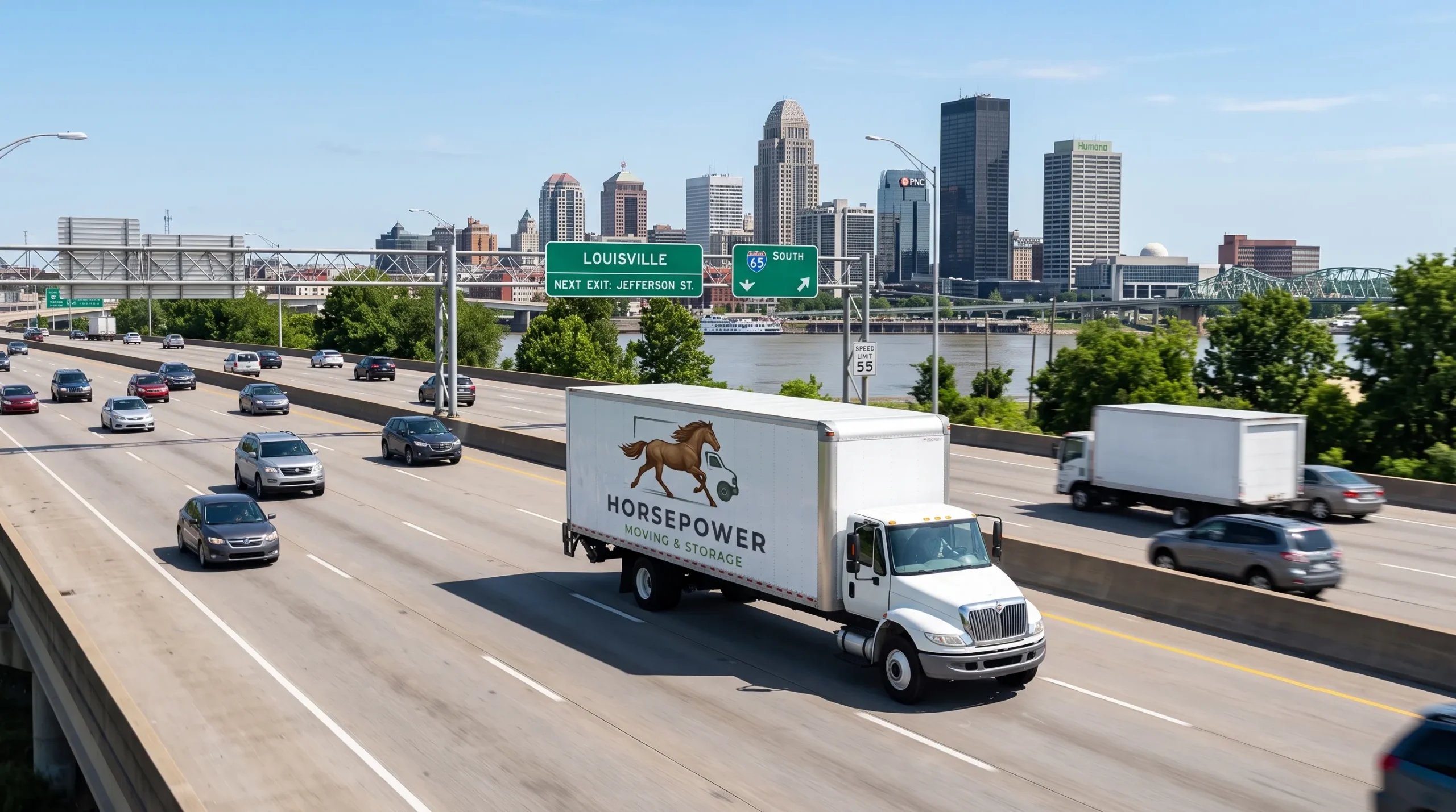 Horsepower Moving and Storage truck traveling near downtown Louisville, KY.