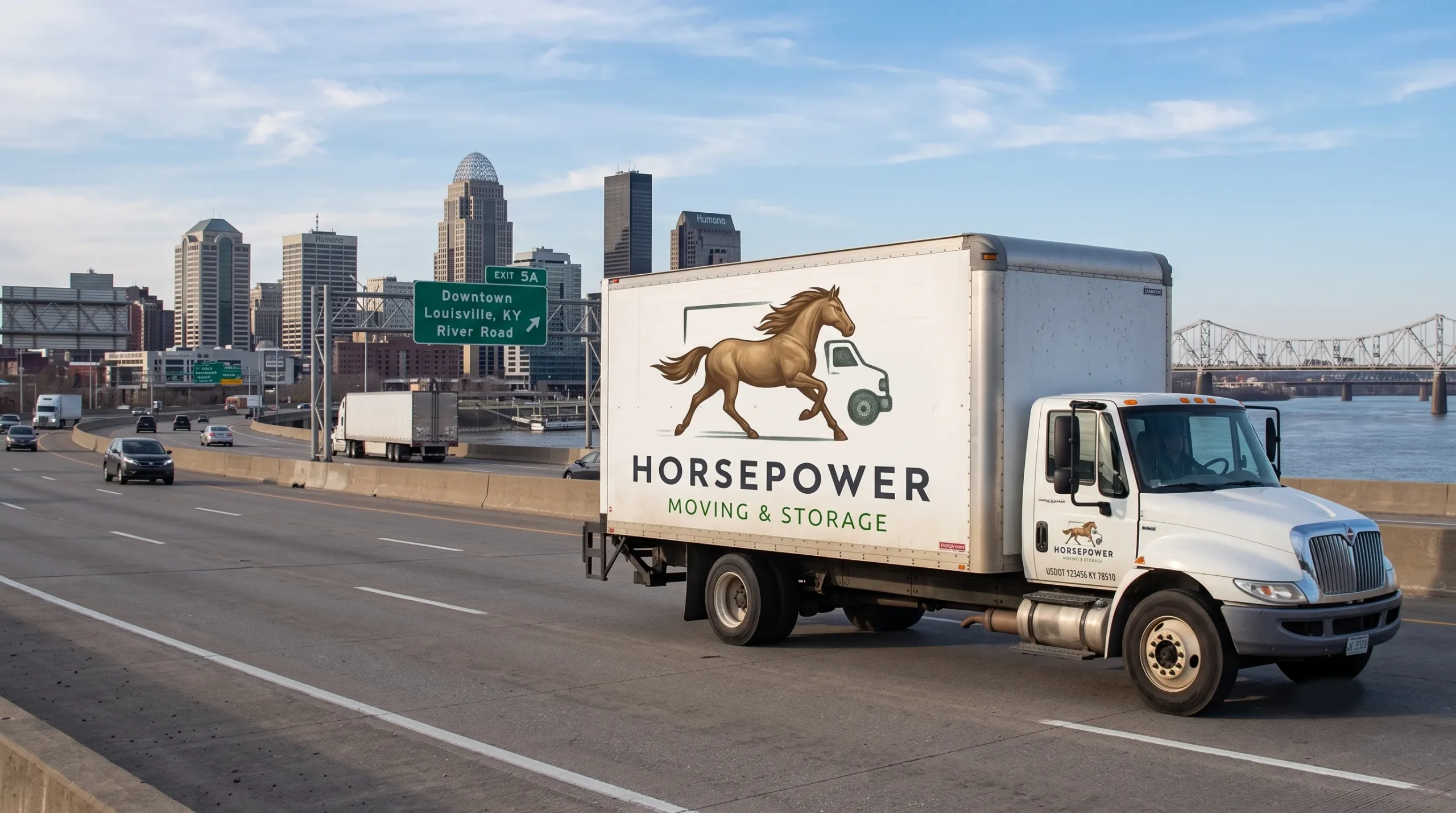 Horsepower Moving and Storage truck with the downtown Louisville skyline in the background.